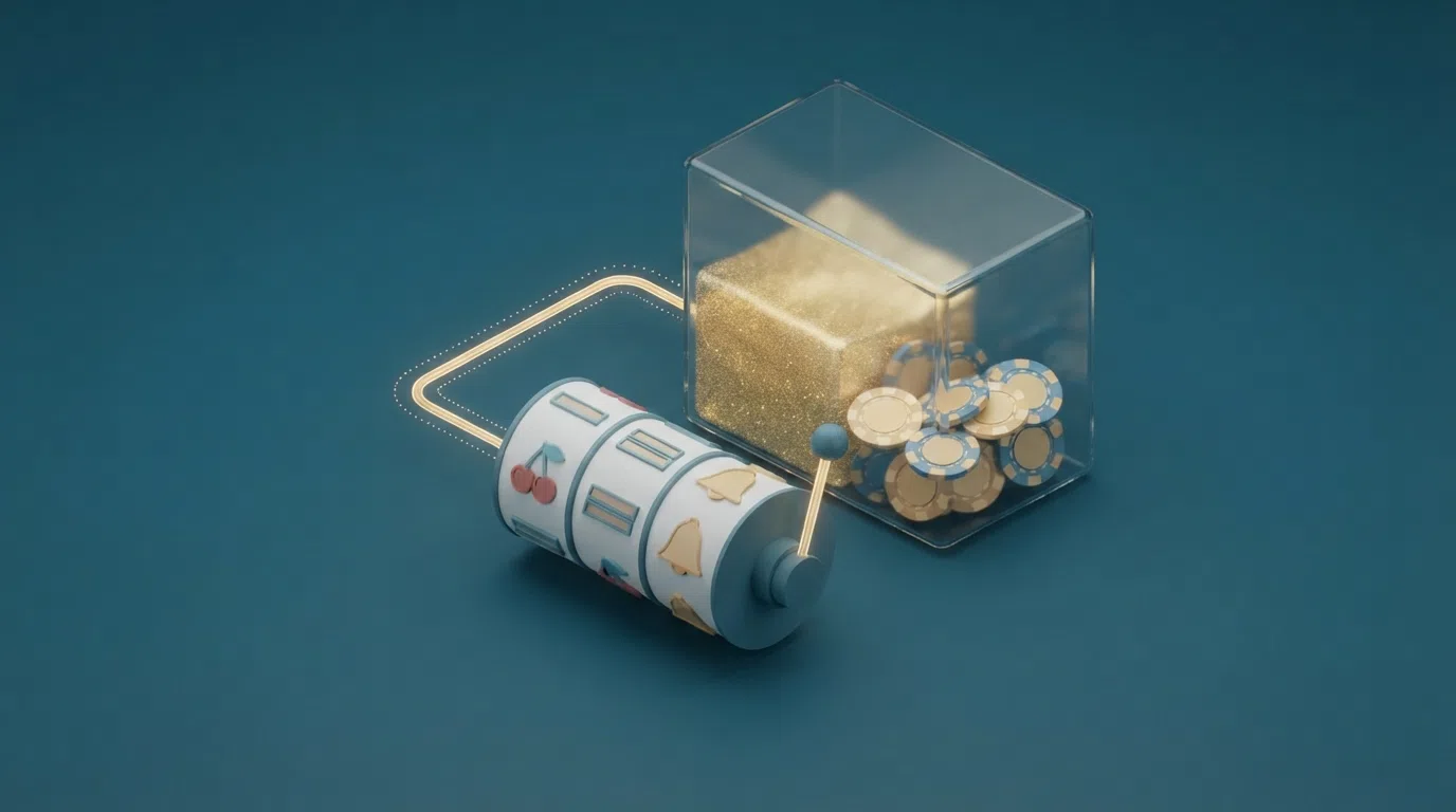 A simplified diagram showing how a small percentage of every spin flows from the player's stake into the shared jackpot pool across a network of linked casinos