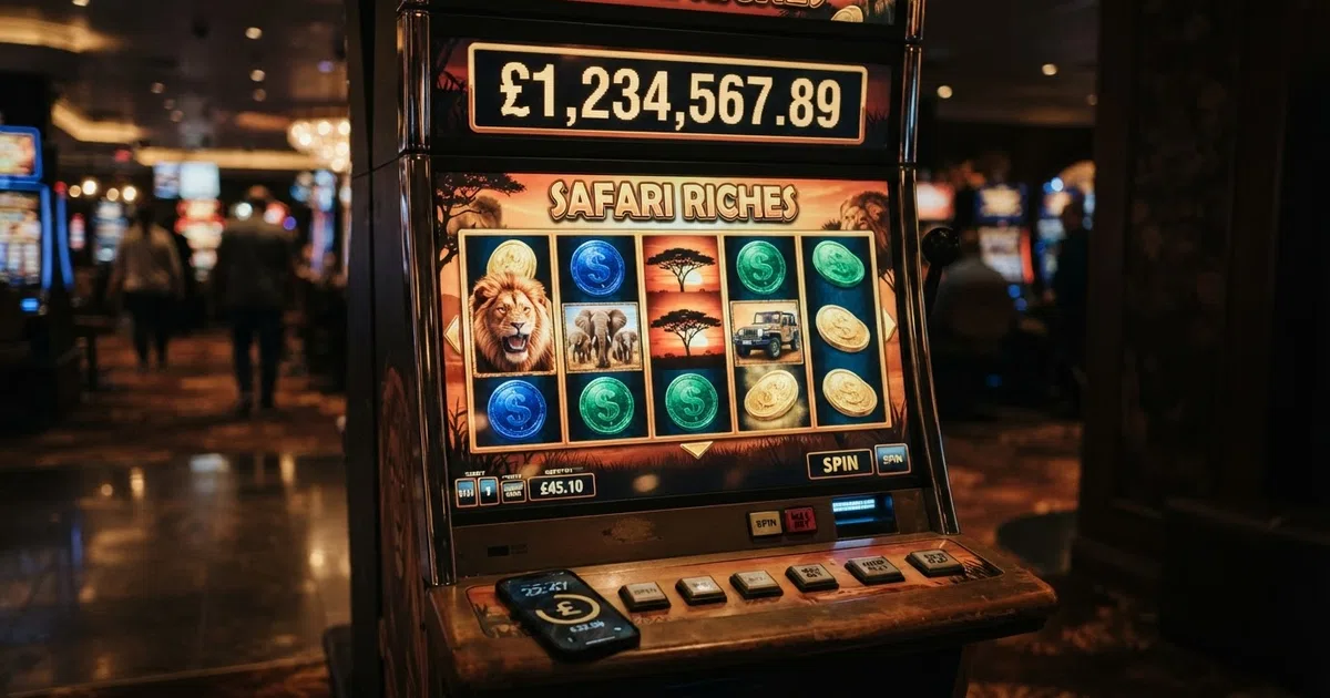A row of illuminated progressive jackpot slot reels with a seven-figure prize meter displayed above the game grid