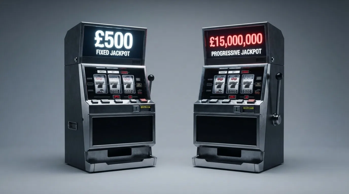 A visual comparison of two slot jackpot displays side by side — a fixed jackpot showing a three-figure sum on the left and a progressive counter showing a seven-figure total on the right