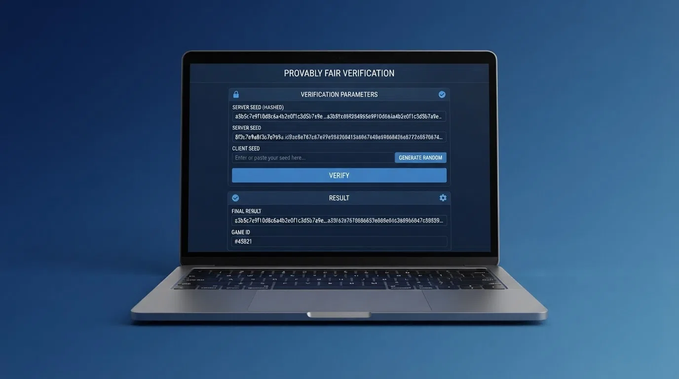 A provably fair verification panel displaying a SHA-512 hash string, a server seed field and a client seed input box