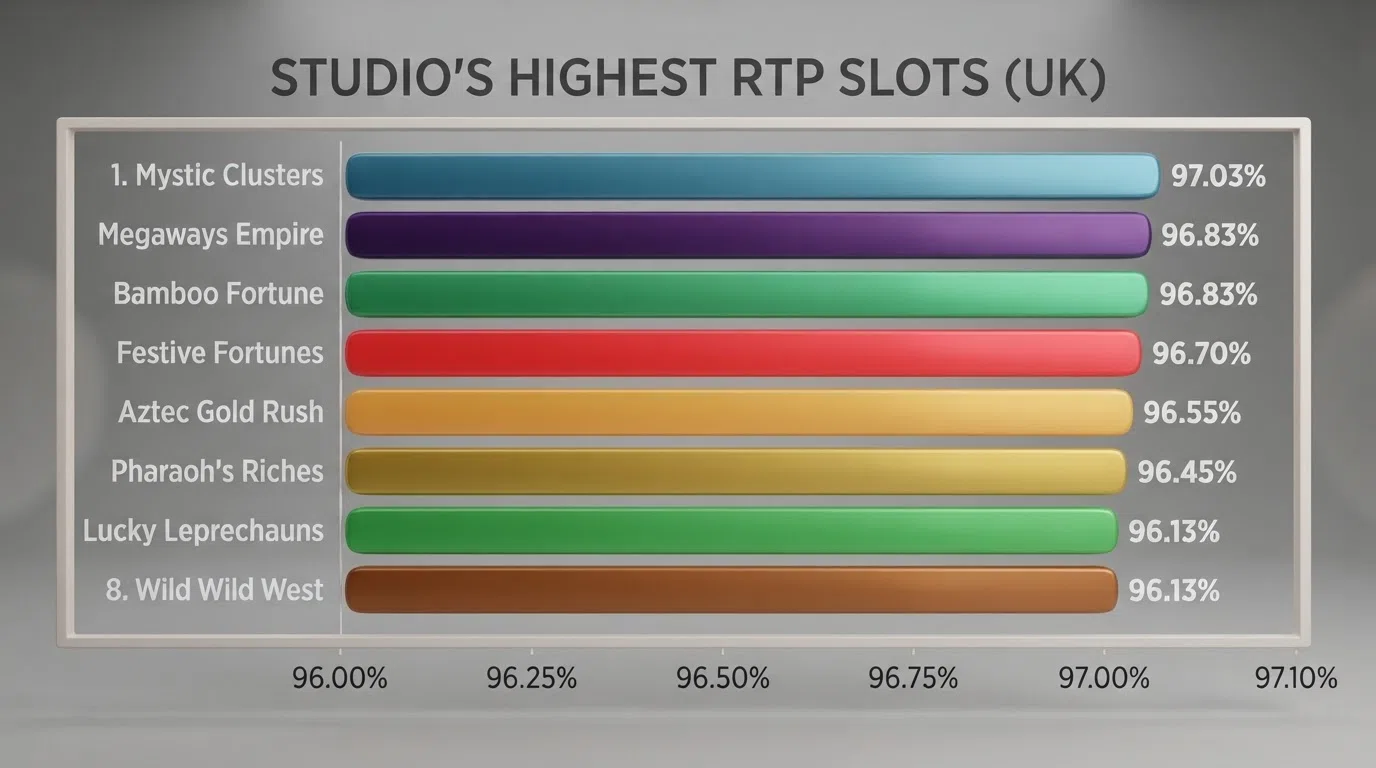 A horizontal bar chart ranking eight Push Gaming slot titles by their RTP percentage, with Wild Swarm at the top (97.03%) and Big Bamboo at the bottom (96.13%)