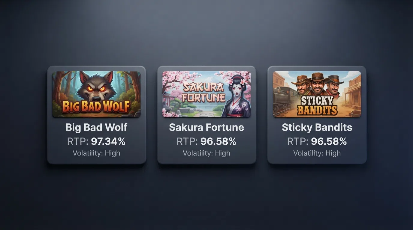 Three Quickspin slot game cards for Big Bad Wolf, Sakura Fortune and Sticky Bandits, each showing the game's title artwork, RTP percentage and volatility label, placed side by side on a dark background