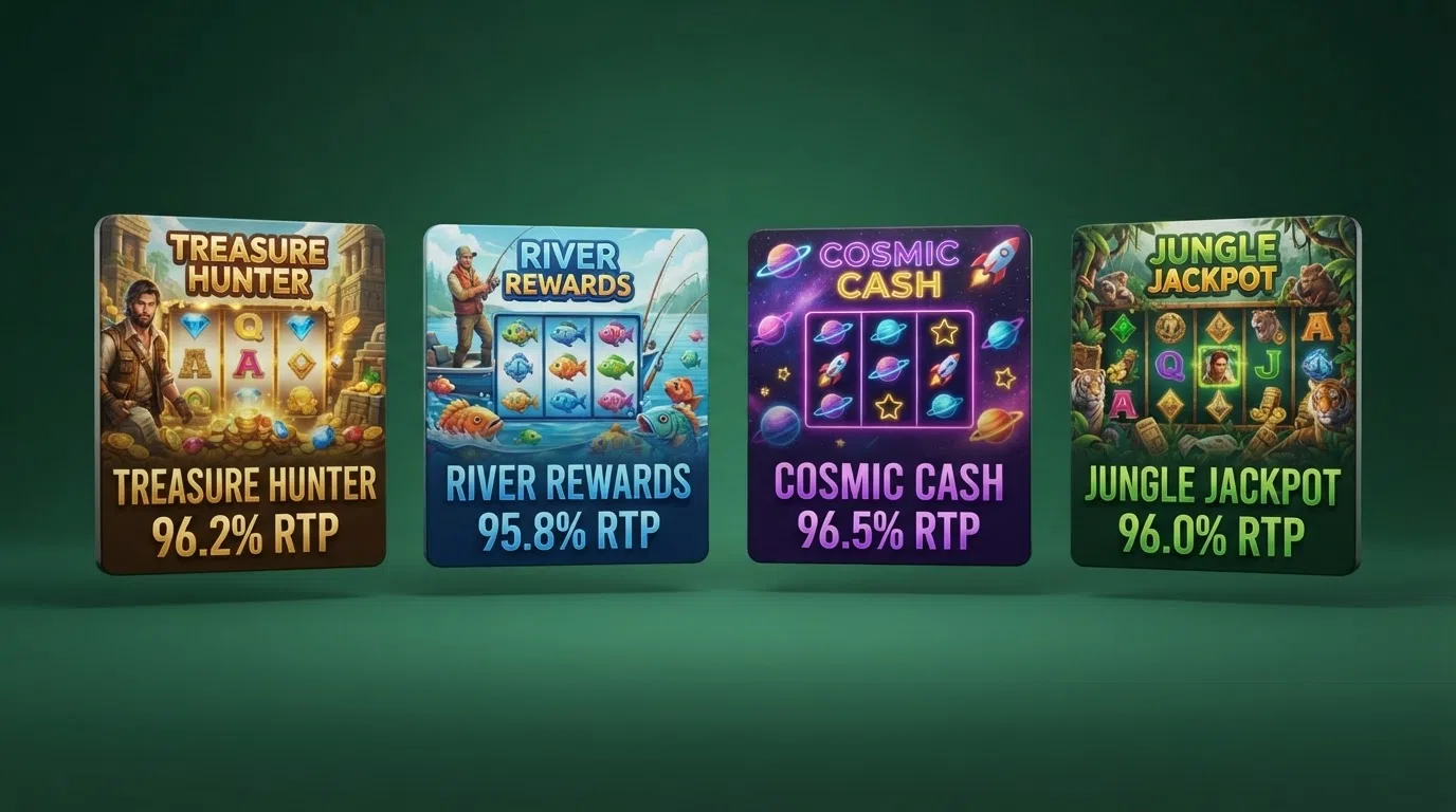 A comparison strip of slot game cards, each labelled with an RTP percentage