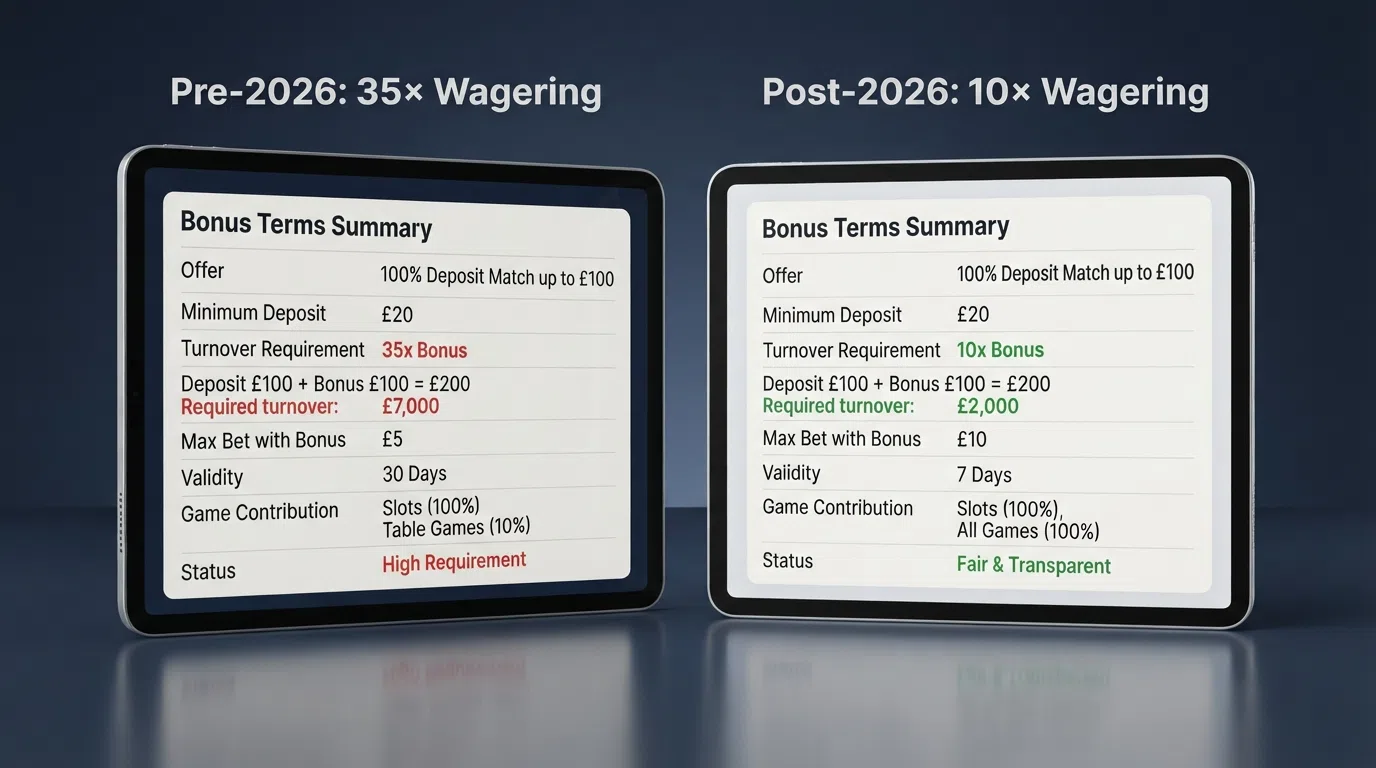 Two bonus-term summaries side by side — one labelled “Pre-2026: 35× Wagering” and the other “Post-2026: 10× Wagering” — with the turnover figure highlighted on each.