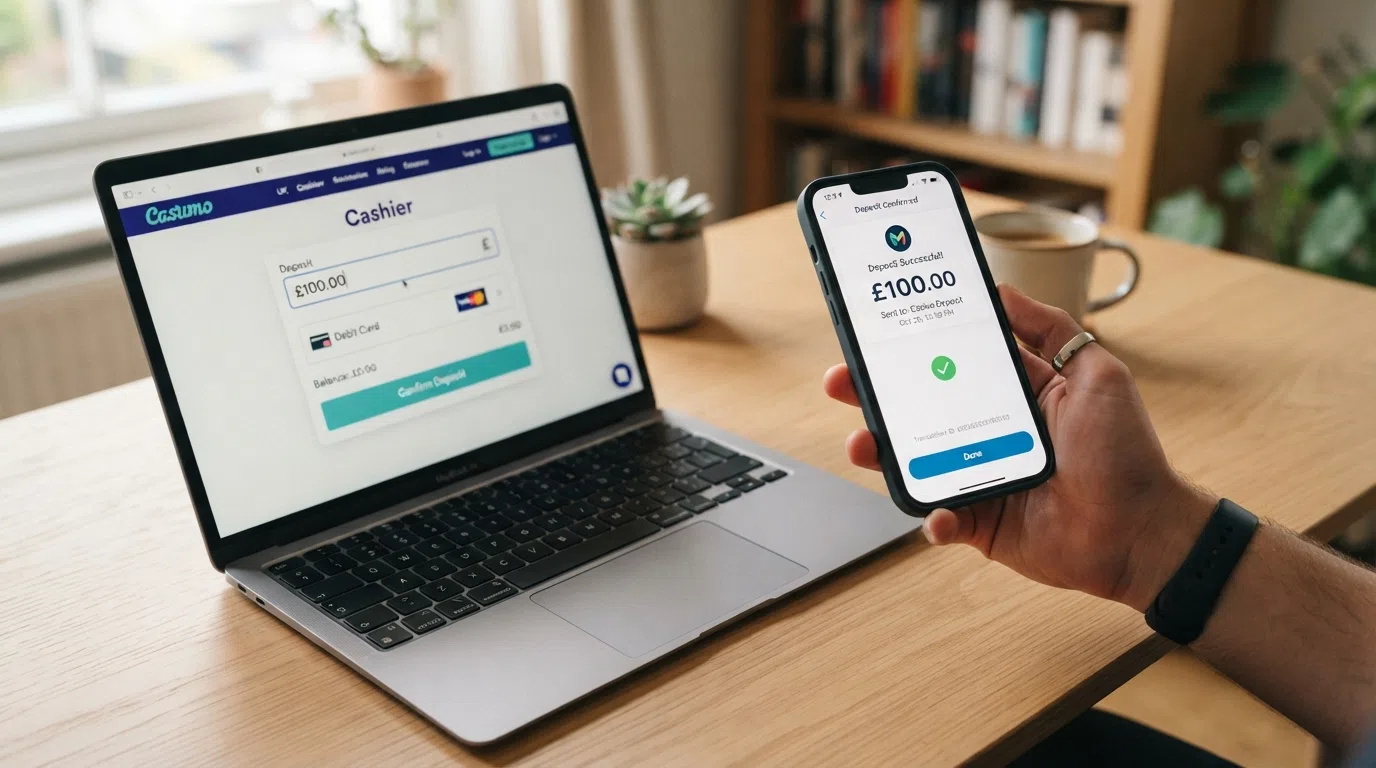 A smartphone screen showing the Revolut app open beside a laptop displaying a UK online casino cashier page with a deposit amount field and a Visa card icon highlighted