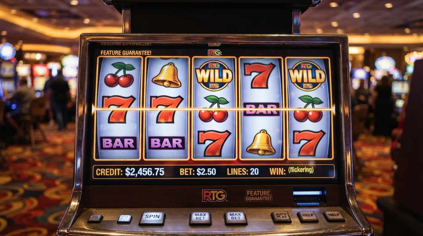 Close-up of five slot reels frozen mid-spin on an RTG title, with the payline highlights and bet-amount display clearly visible