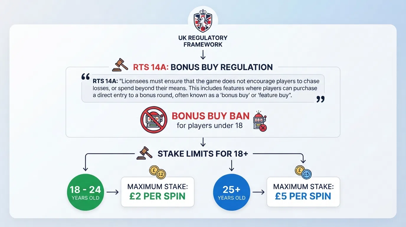 A simplified diagram showing the UK regulatory framework: the Gambling Commission logo, a quote from RTS 14A, and the £5 and £2 age-banded stake limits