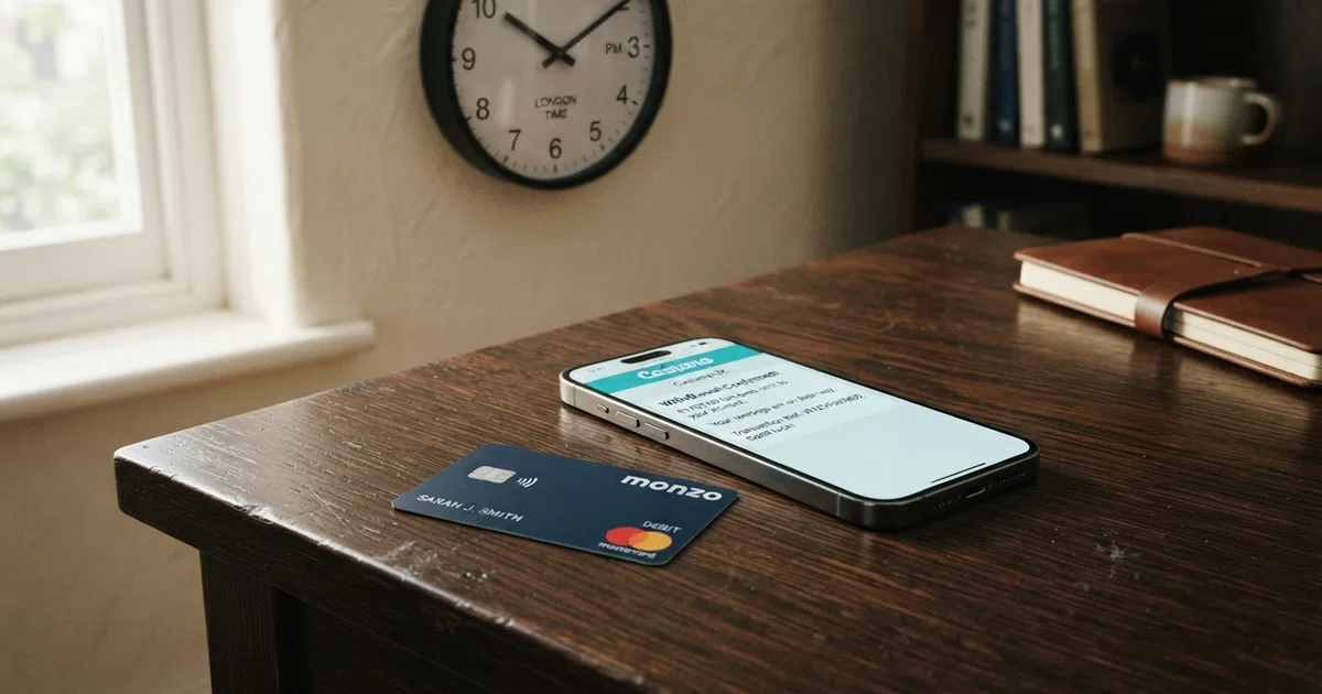 A smartphone screen displaying a casino withdrawal confirmation beside a UK debit card and an analogue clock showing late afternoon