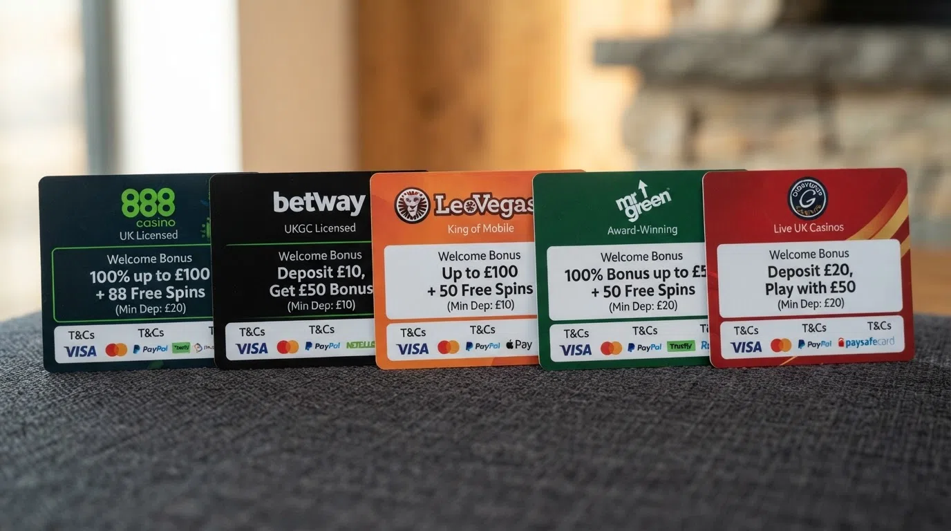 A side-by-side comparison view of UK casino brand cards showing Siru Mobile acceptance status, welcome bonus amounts and minimum deposits