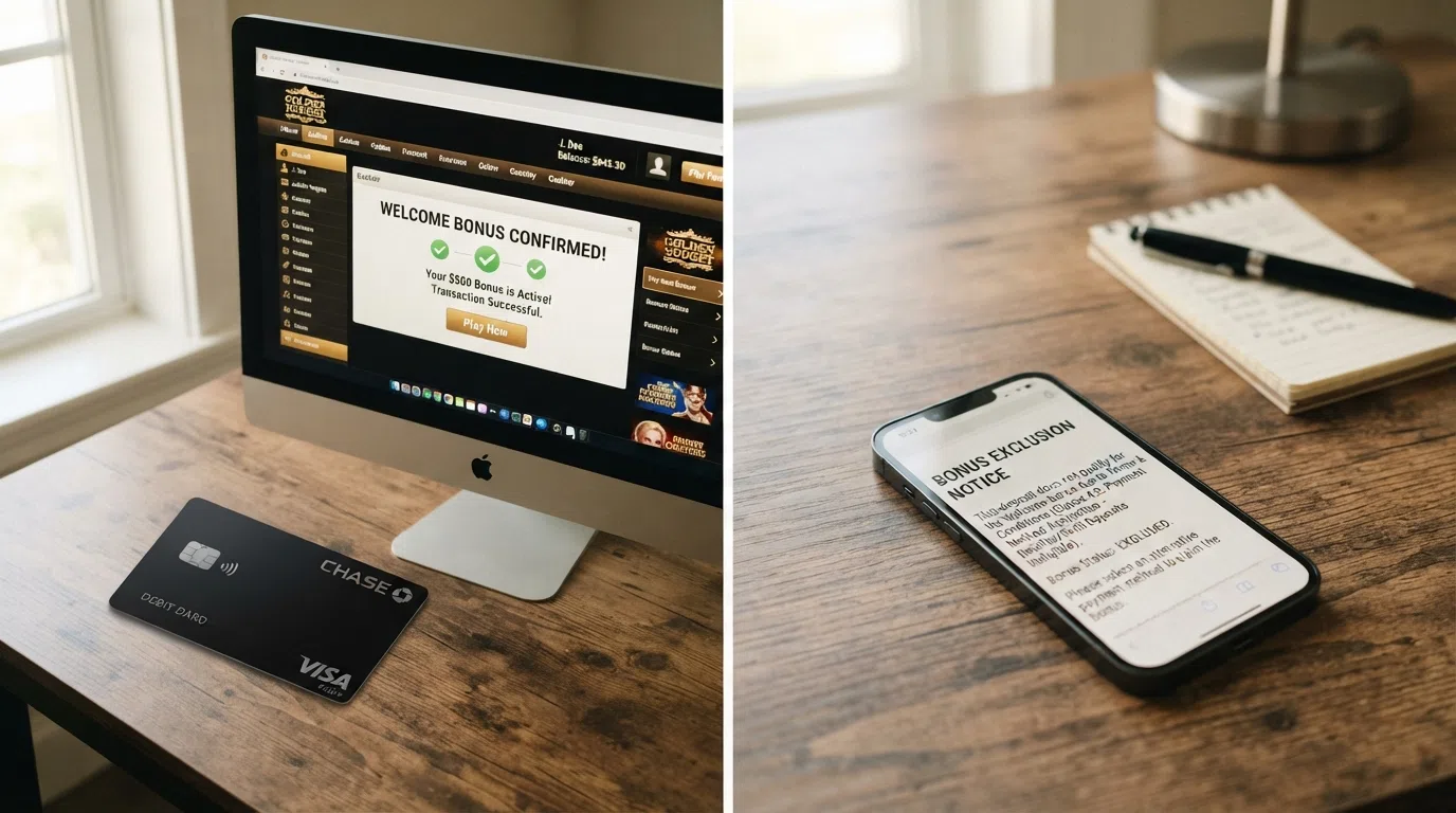 A side-by-side illustration: on the left a debit card deposit triggering a welcome-bonus confirmation, on the right a Skrill deposit showing a bonus-exclusion notice in the terms