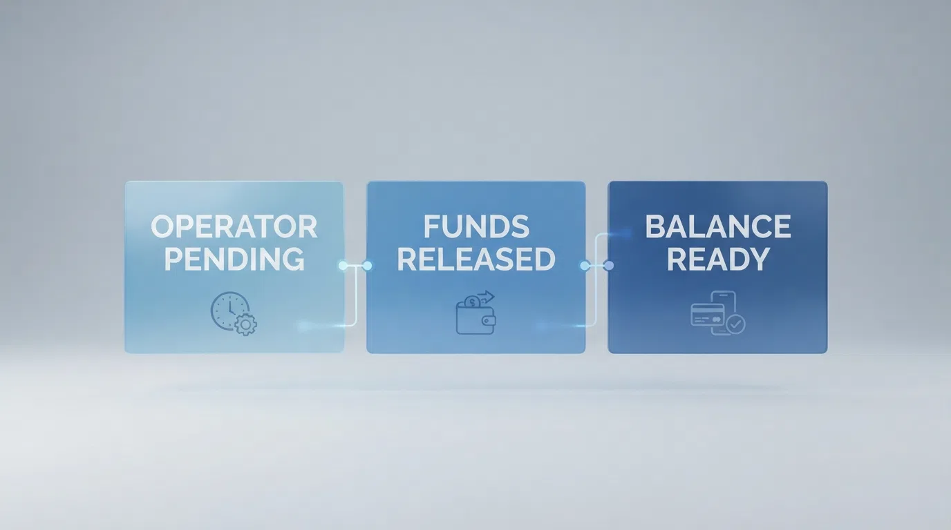 A simplified timeline graphic showing the three stages of a Skrill casino cashout: pending period at the operator, funds released to Skrill, and available balance ready to spend or transfer