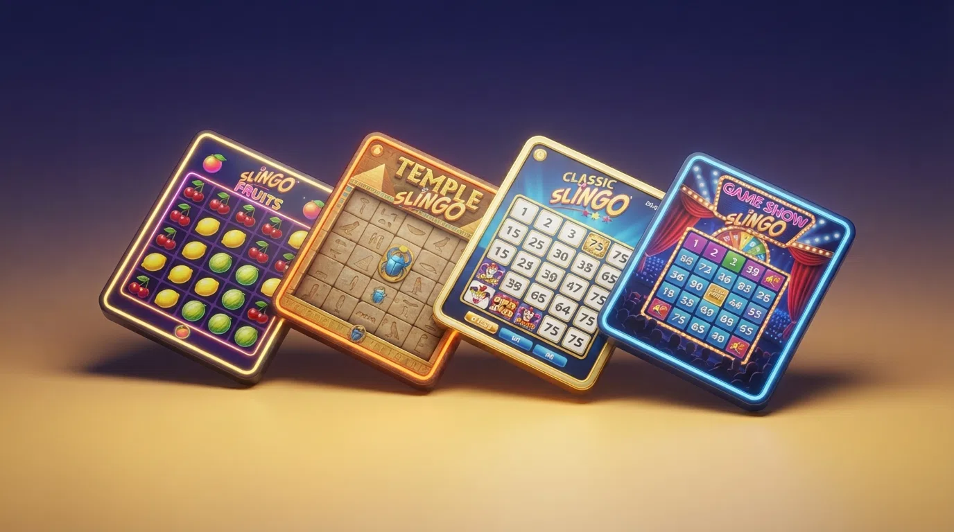A spread of Slingo title cards including Starburst, Rainbow Riches, Deal or No Deal and Inca Trail variants