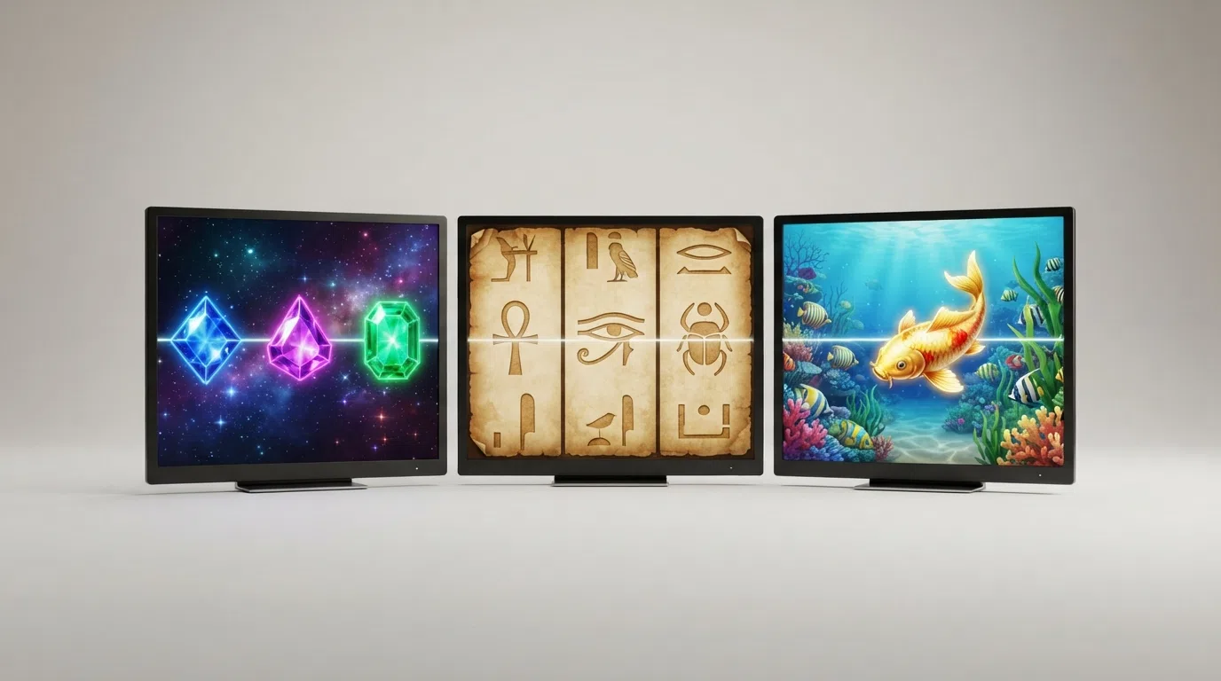 Three online slot game reels side by side: Starburst, Book of Dead and Big Bass Bonanza