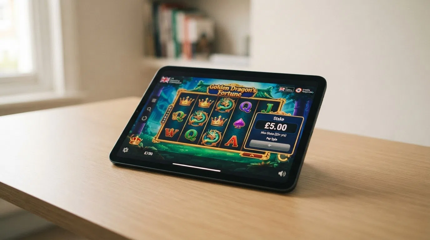 A slot game screen with the stake selector open and set to £5 per spin