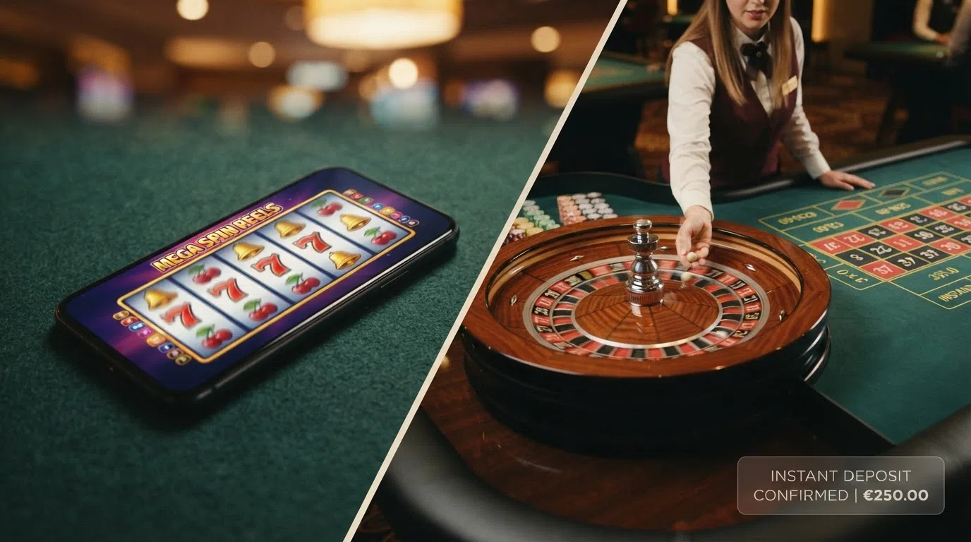 A split frame showing a Big Bass Bonanza slot reel on the left and a live-dealer roulette table stream on the right, each overlaid with the Trustly deposit-confirmation badge