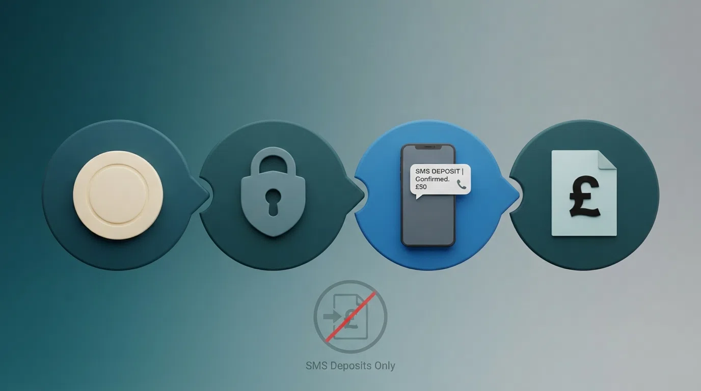 A simplified diagram or illustration of the four-stage SMS deposit flow: casino cashier → payment processor → mobile network → phone bill, with the withdrawal path deliberately greyed out to show the deposit-only limitation.