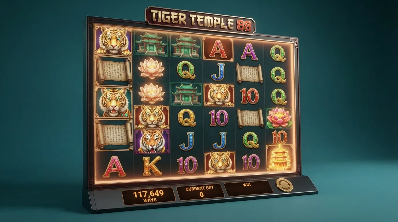 The Tiger Temple 88 slot reel grid showing its Megaways layout with 117,649 ways to win against an Asian temple backdrop