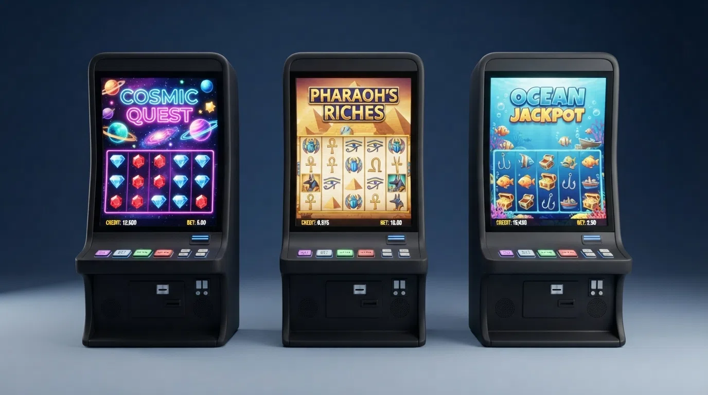 Three slot tiles on an Android screen: Starburst, Book of Dead and Big Bass Bonanza