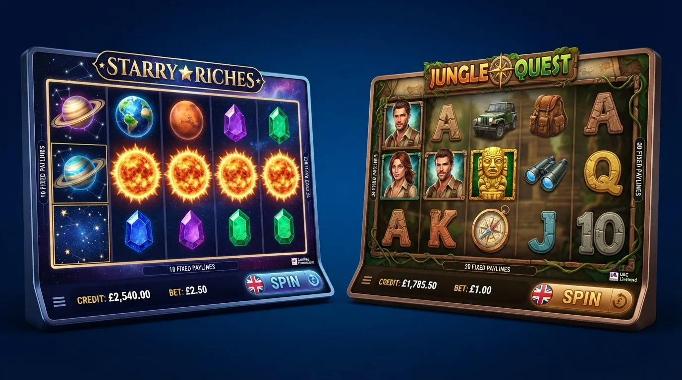Starburst and Gonzo's Quest slot reels displayed side by side, showing the 5×3 grid layout and symbol set of each title