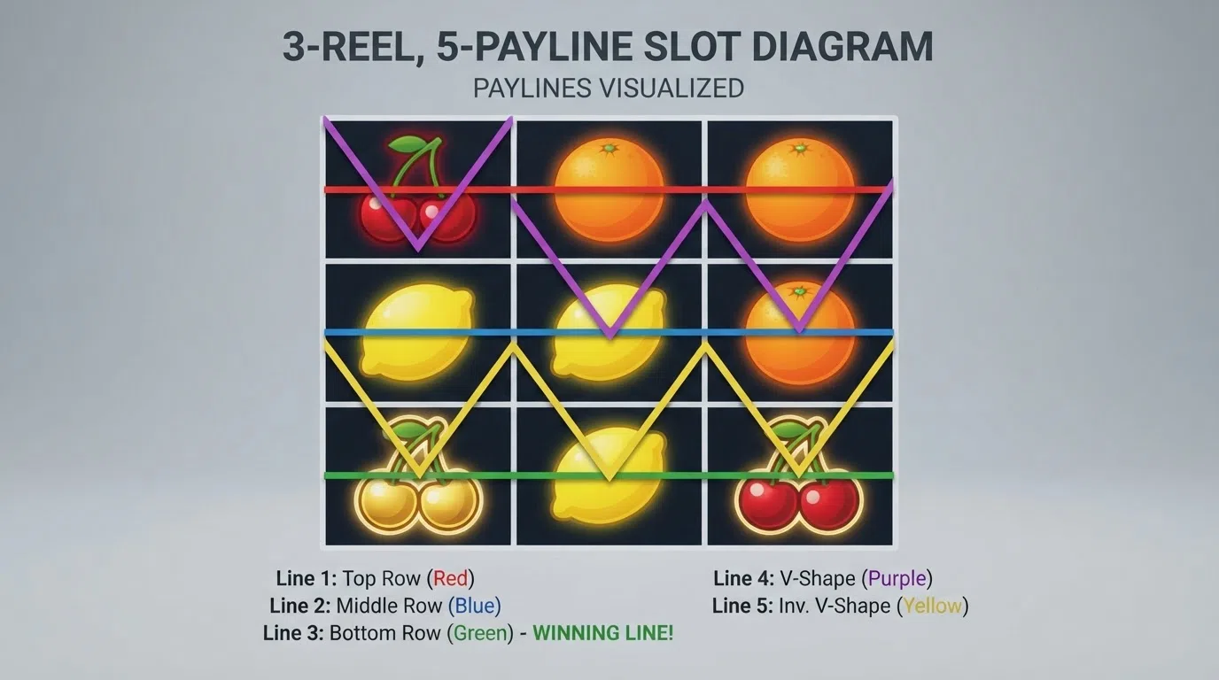 A 3-reel, 5-payline slot screen with the paylines overlaid as coloured lines crossing the reels, showing a winning combination highlighted on one line