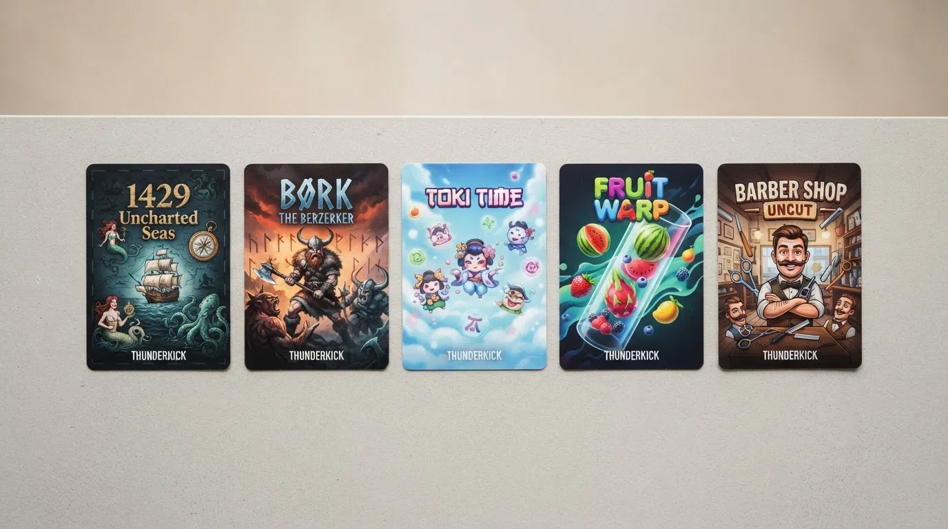 Side-by-side game cards of the five Thunderkick slots with RTP above 97% — 1429 Uncharted Seas, Børk the Berzerker, Toki Time, Fruit Warp and Barber Shop Uncut