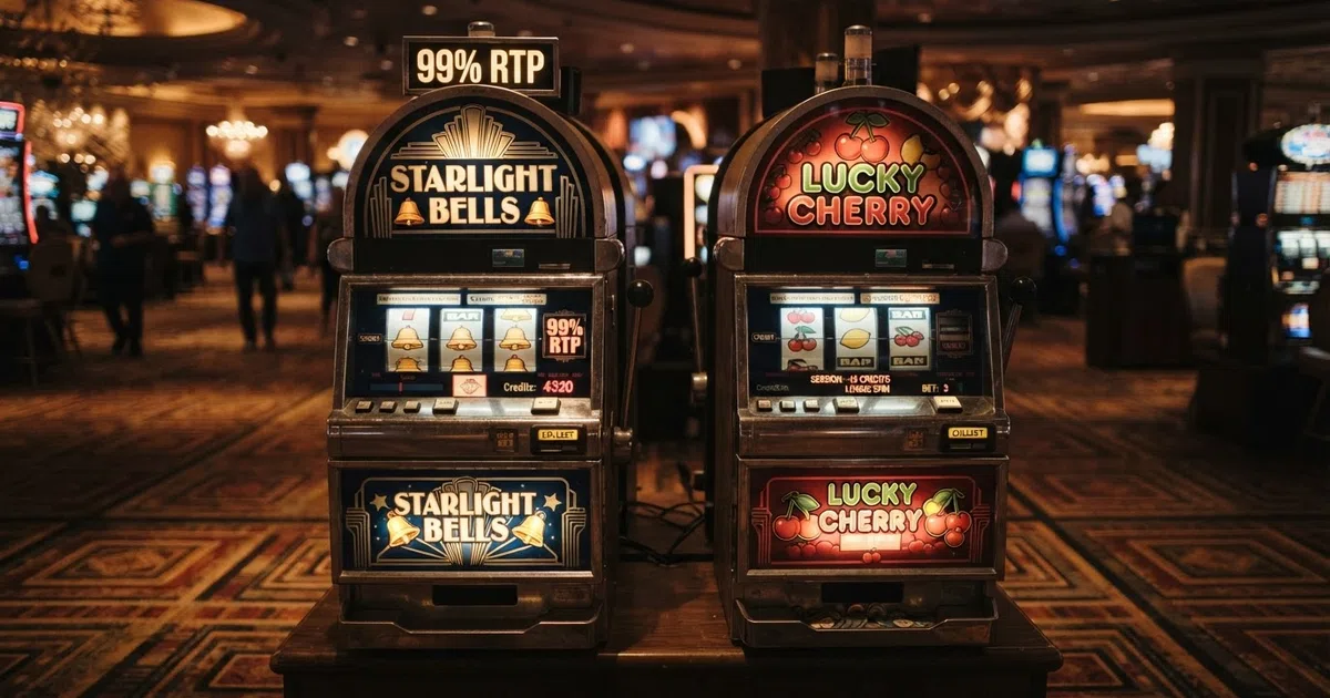 Two slot machines side by side, one labelled 99% RTP and the other showing a short losing session