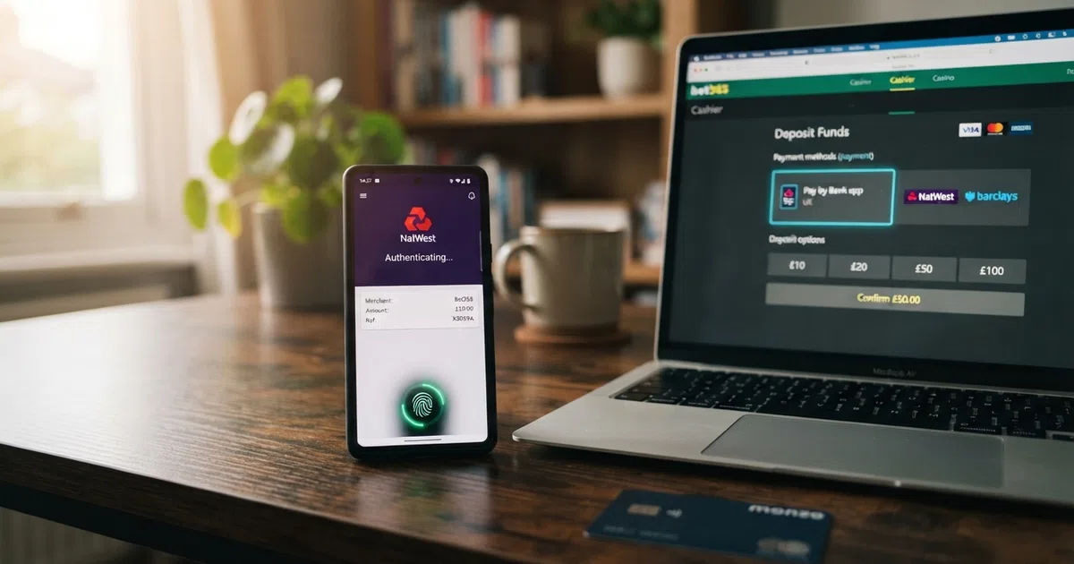 A smartphone displaying a UK banking app with a biometric authentication prompt, beside a laptop screen showing an online casino cashier with Pay by Bank selected as the deposit method