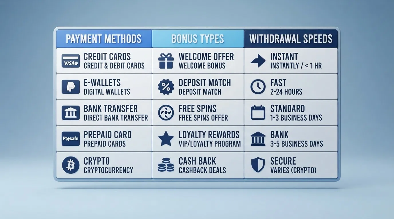 A simplified visual representation of a comparison table showing casino names, welcome bonuses and withdrawal speeds side by side