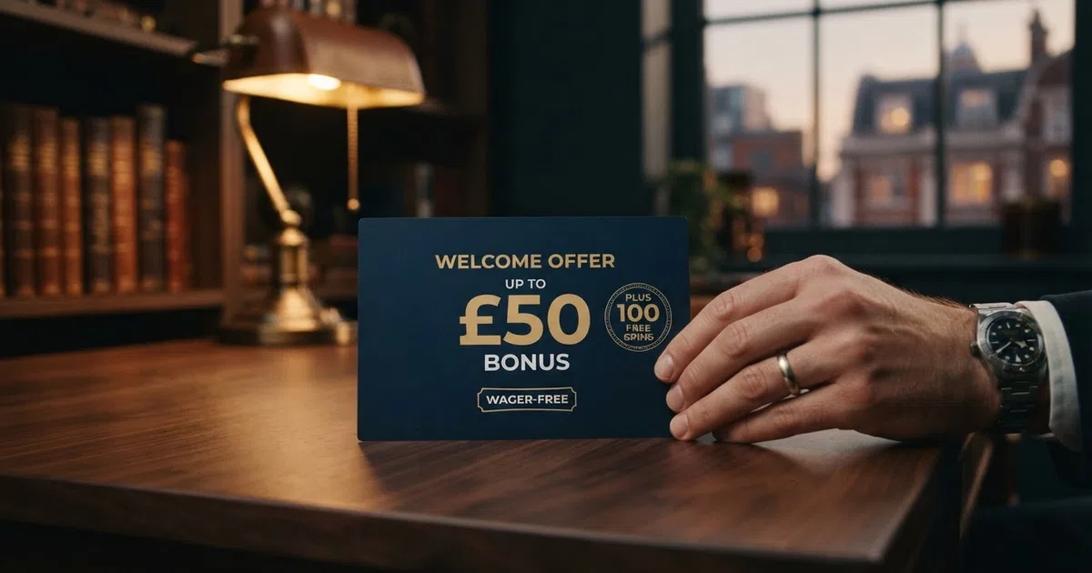 A comparison grid of UK online casino welcome-offer cards showing free-spin counts, wagering multiples and no-deposit badges, arranged side by side on a clean rating backdrop.