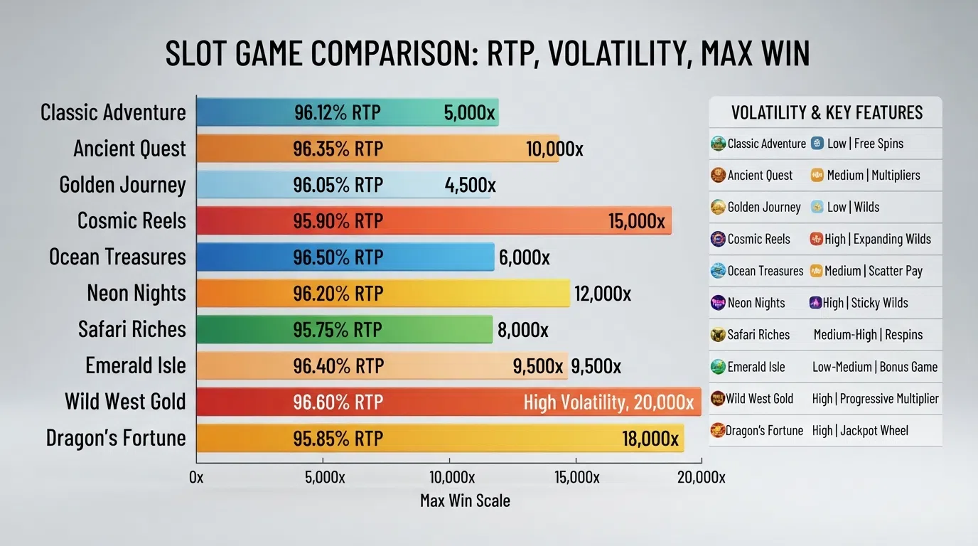 A visual comparison showing RTP percentages, volatility levels and max-win multiples for 10 popular 5-reel slot titles side by side