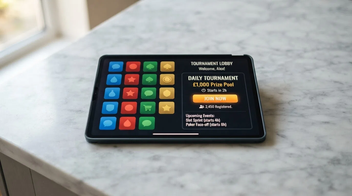 A grid of mobile casino app icons beside a slot tournament lobby screen