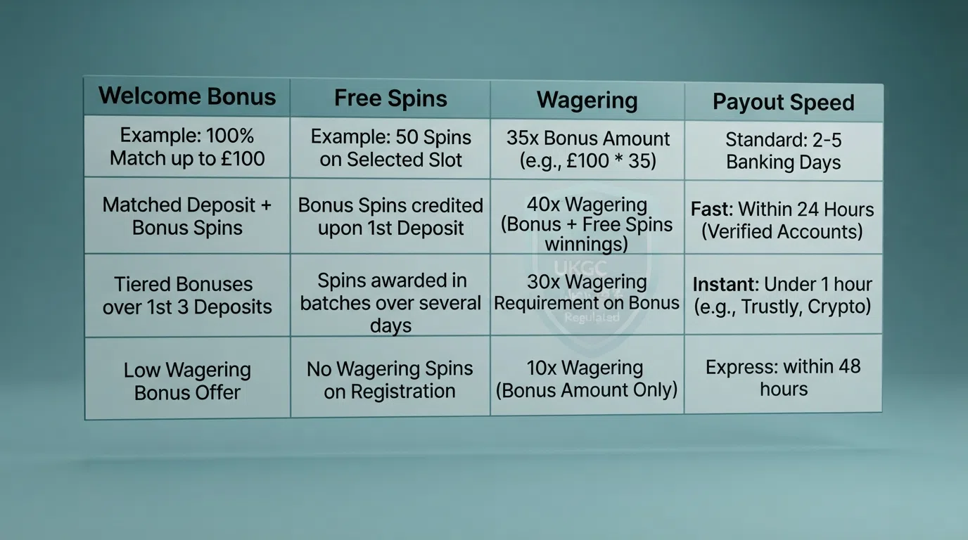 A comparison table listing UK casino operator names against columns for welcome bonus, free spins, wagering and payout speed, with the UKGC logo watermark