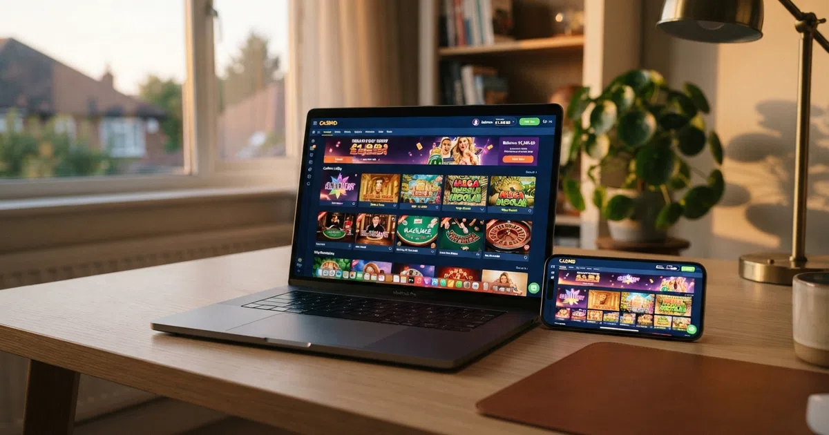 A desktop and a smartphone showing an online casino lobby with slot reels and card-table tiles