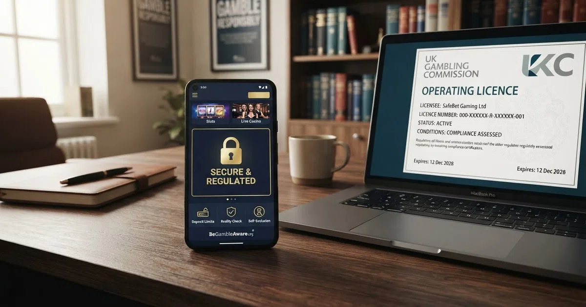 A UK Gambling Commission operating licence certificate on a screen beside a smartphone displaying a casino lobby with a padlock icon and responsible-gambling tools visible