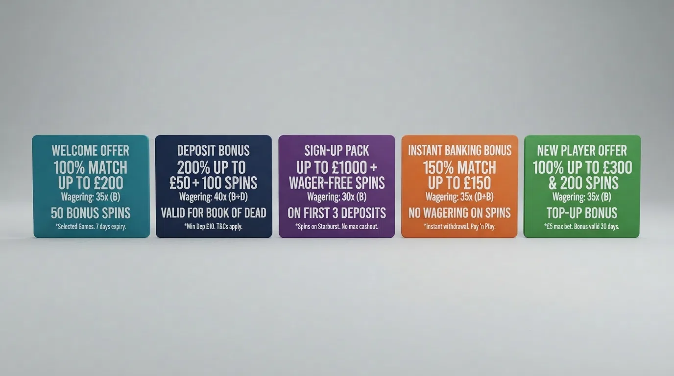 A side-by-side visual of welcome-offer summary cards for five UKGC-licensed Trustly casinos, each showing the bonus type, wagering multiple and free-spin count