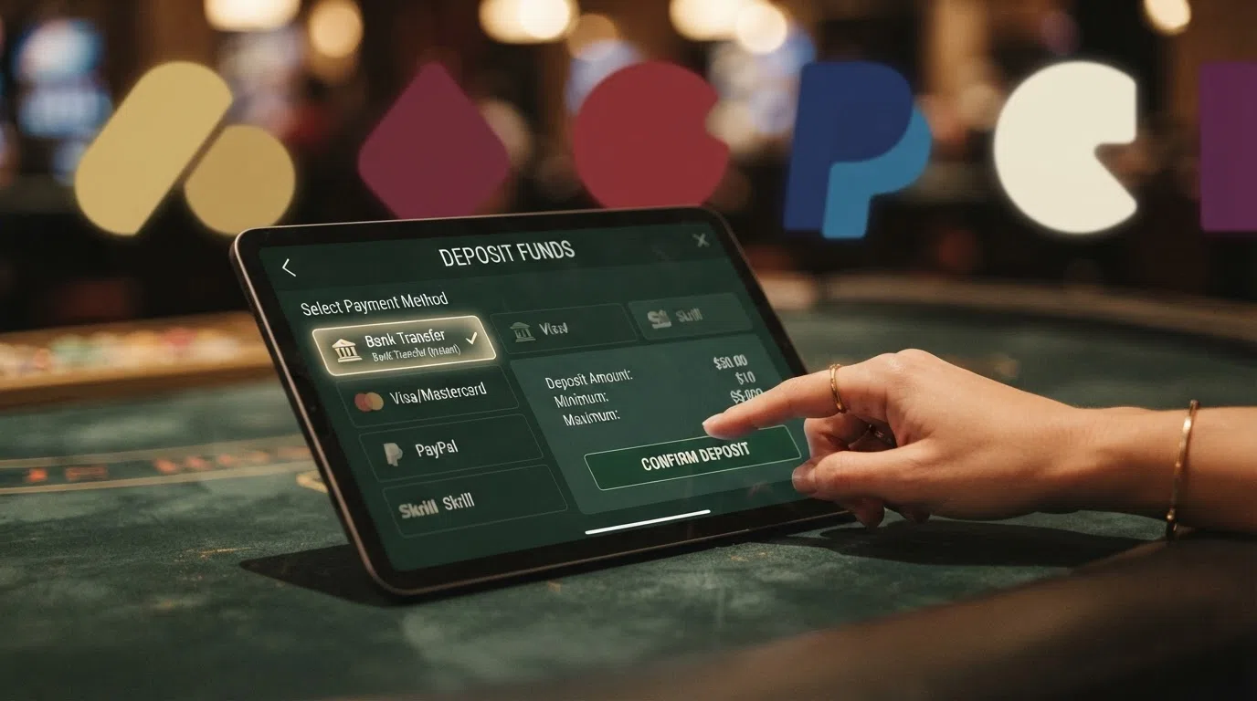 A grid of featured casino brand logos arranged above a close-up of a cashier screen showing a bank transfer deposit option selected