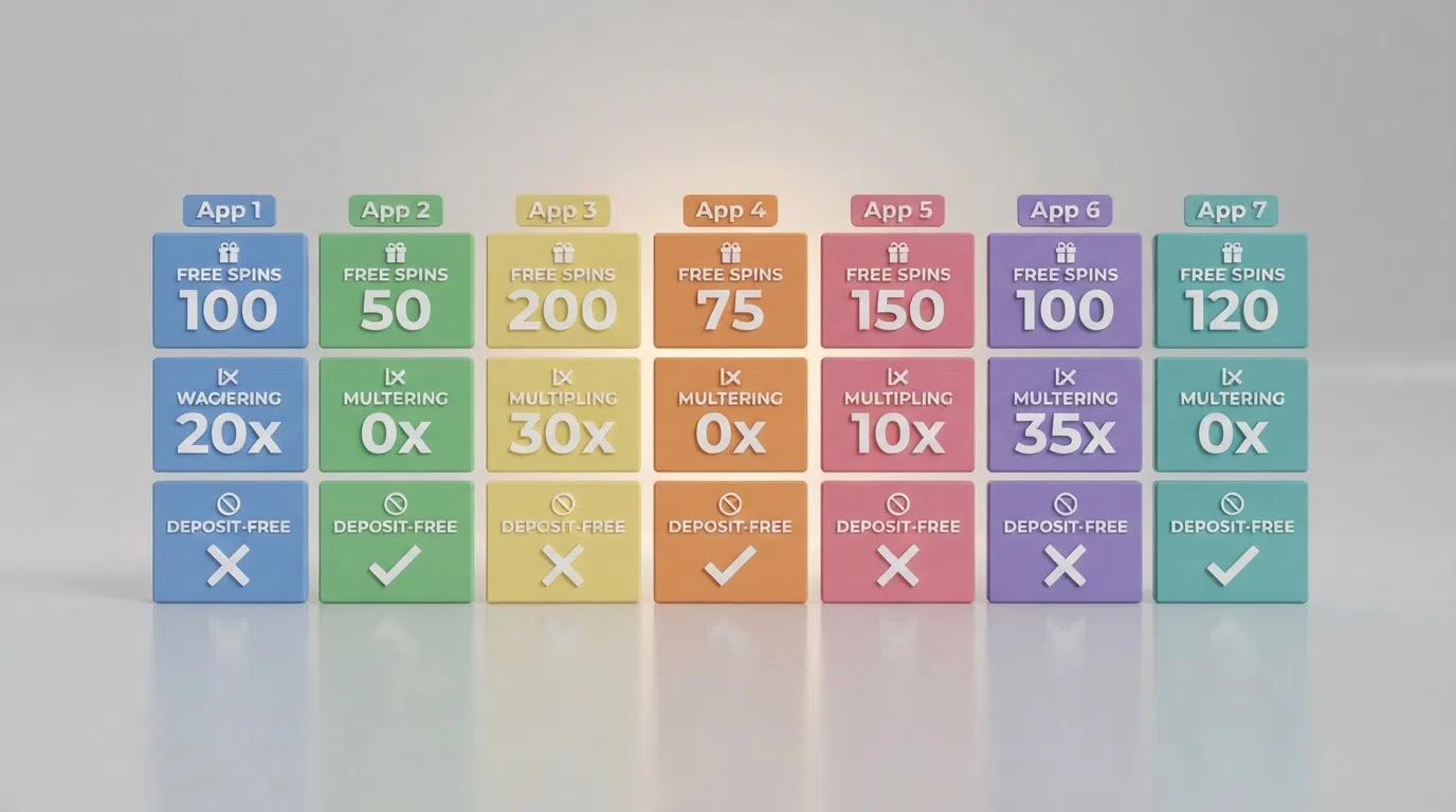 A side-by-side grid comparing six UK casino apps on free-spin count, wagering multiplier and deposit-free status, with ticks and crosses marking the key differences