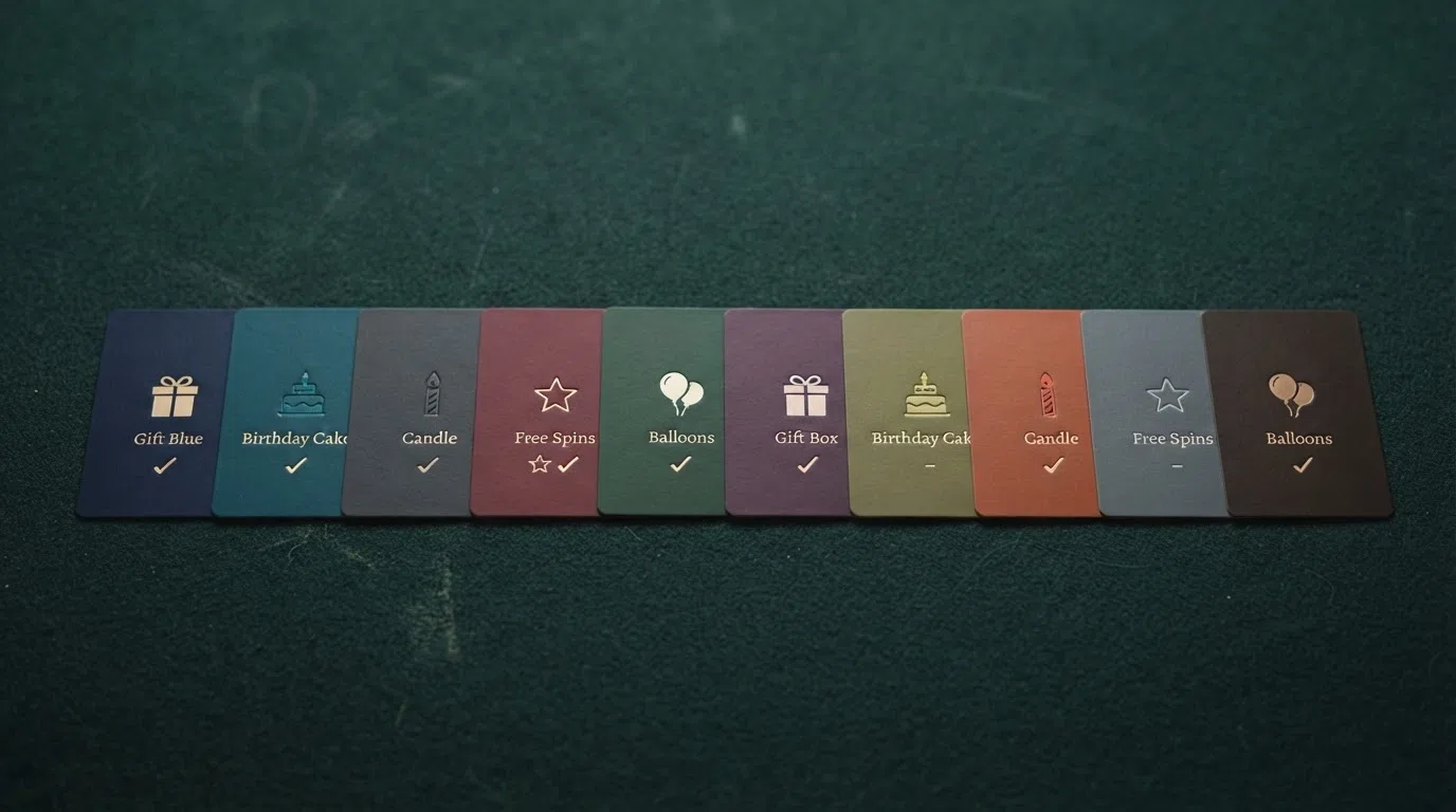 A side-by-side arrangement of ten UK casino brand cards with birthday-themed icons — cake, gift box, free-spin symbol — and a checkmark or dash beside each