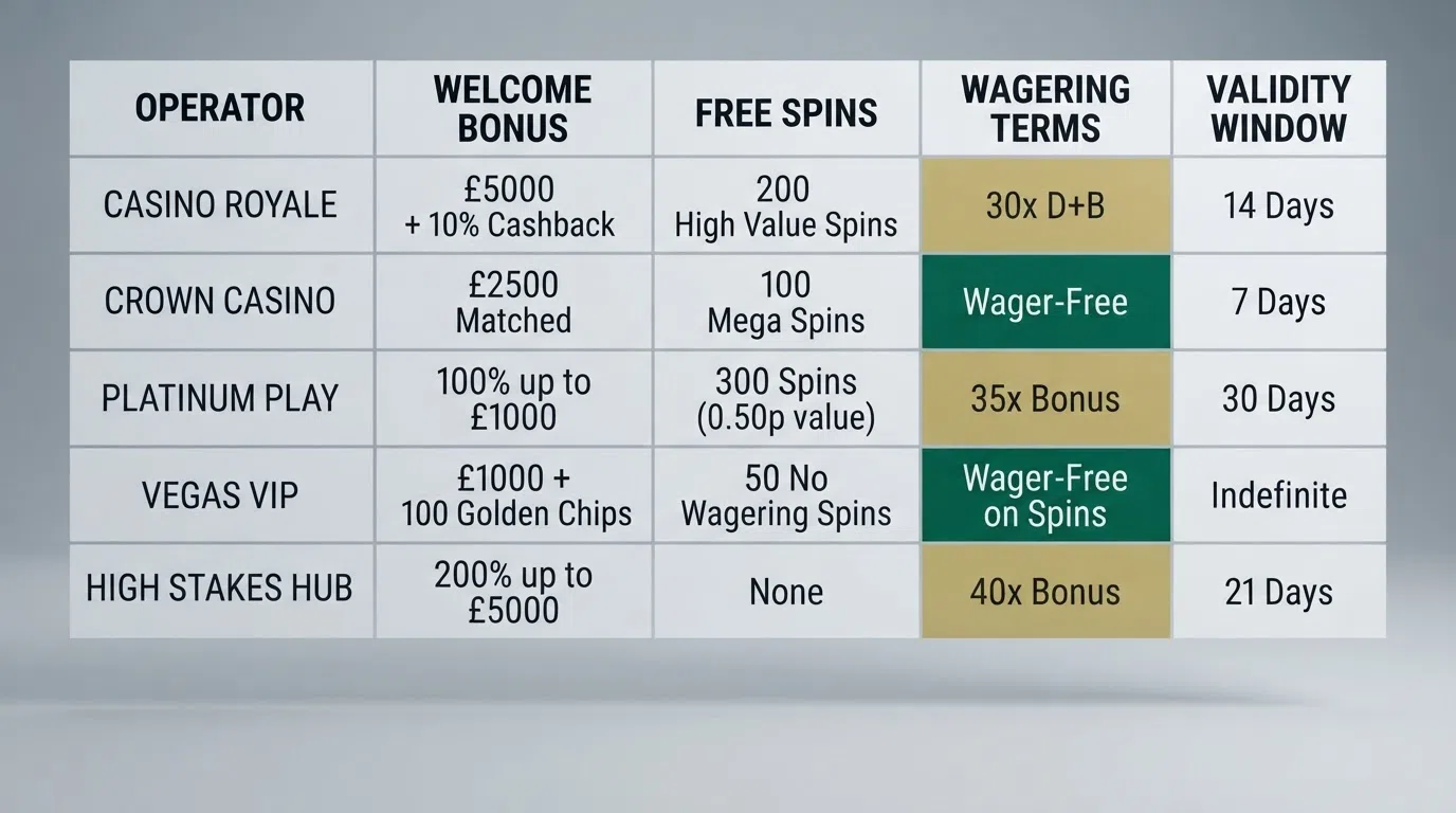 A side-by-side comparison grid displaying welcome bonus amounts, free spins counts and wagering terms for multiple UK-licensed casino operators