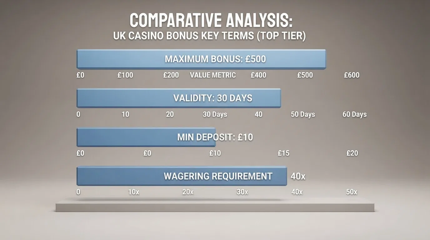 A side-by-side comparison table showing UK casino operators with their welcome bonus type, free-spin count, wagering multiple and minimum deposit amount in a structured grid layout.