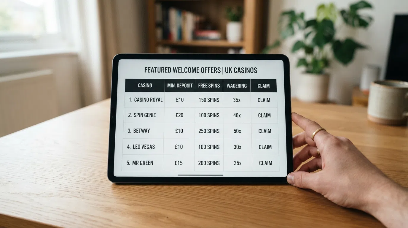 A side-by-side comparison layout showing operator logos, deposit amounts, free-spin counts and wagering multipliers