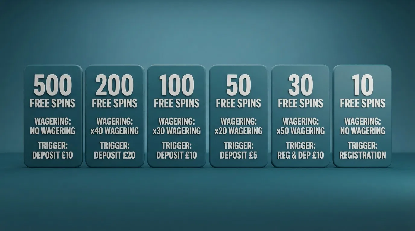 A visual comparison layout showing operator cards with free-spin counts, wagering labels and trigger requirements side by side