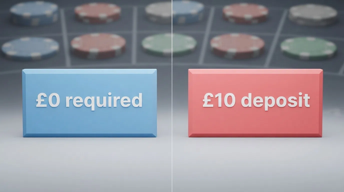A clean split-screen comparison layout showing a no-deposit offer on the left with “£0 required” highlighted and a deposit-triggered offer on the right with “£10 deposit” highlighted, both carrying the UKGC licence number