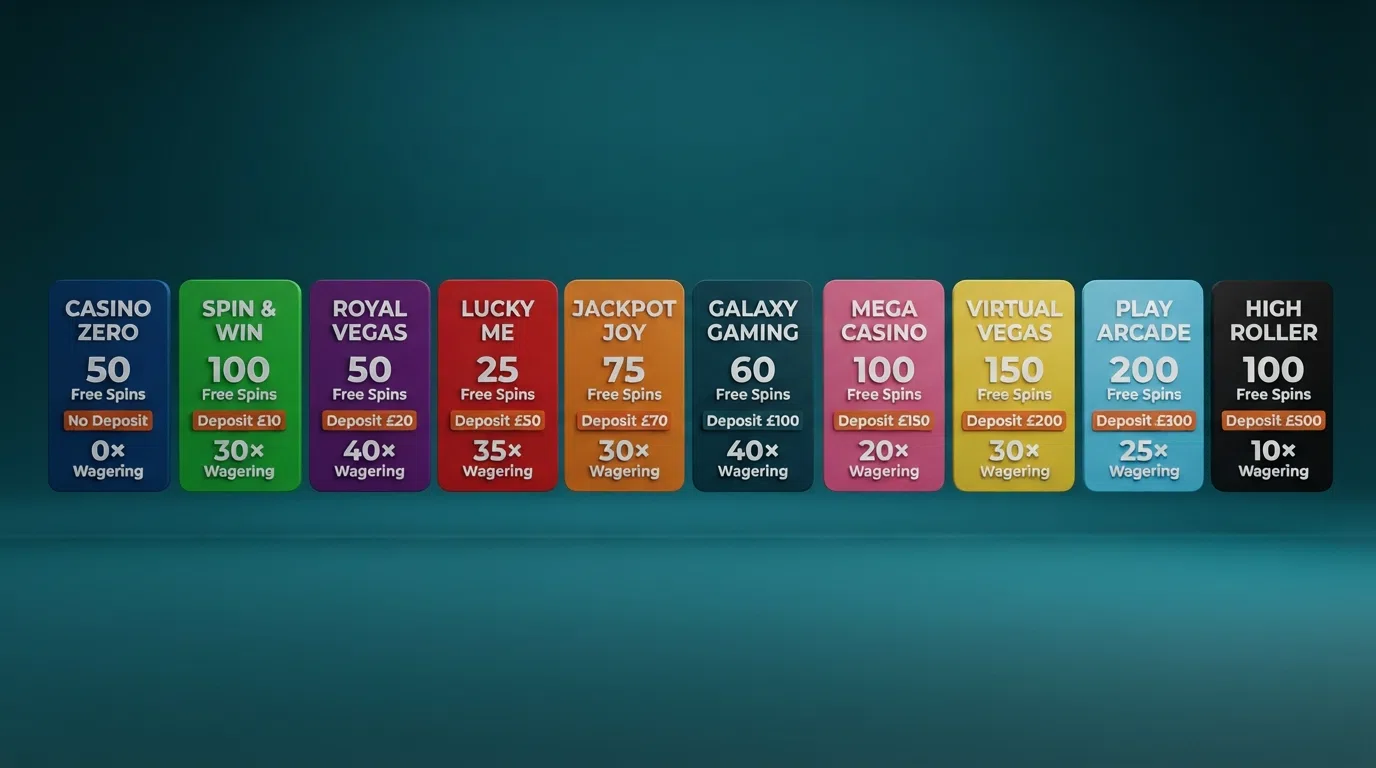 A grid of ten UK casino brand cards, each displaying its free-spin count, deposit requirement and wagering multiple, arranged left to right from zero-deposit to highest-deposit