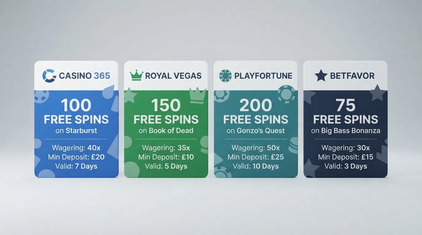 A side-by-side layout of operator bonus summary cards showing free-spin counts, wagering multipliers, deposit requirements and validity windows for several UK-licensed casino brands