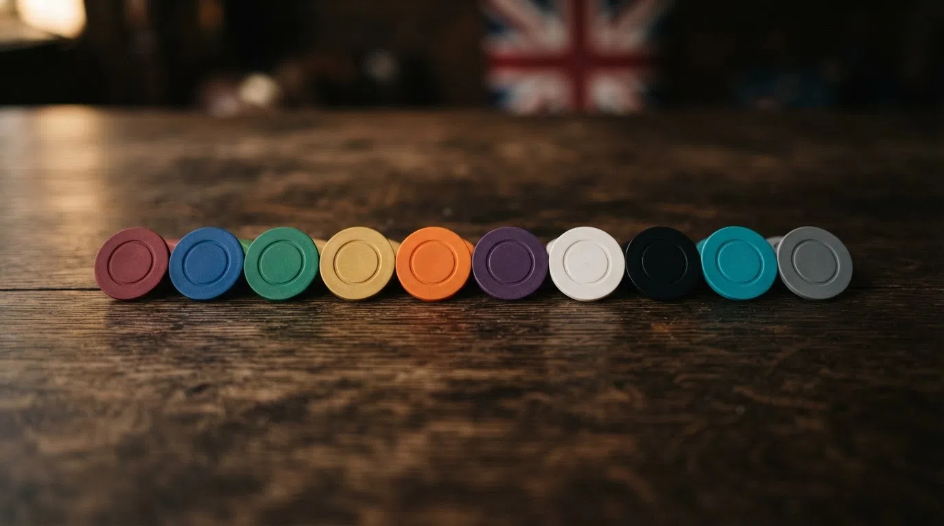A row of ten UK casino brand logos arranged on a subtle Union Jack-toned backdrop, each logo sitting above a small tag line indicating its standout offer feature (e.g. “50 No-Deposit Spins” or “100% Match”).