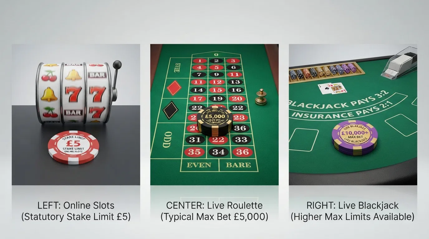 A three-panel comparison graphic: a slot reel frozen at £5, a live roulette table with £5,000 visible on the felt, and a live blackjack position marked £10,000