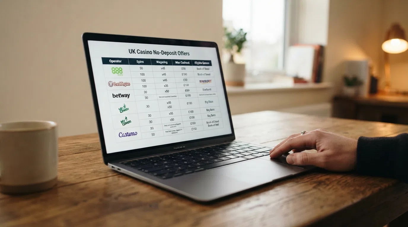 A comparison-table layout showing operator names against columns for free-spin count, wagering requirement, max cashout and eligible-game count — data visible but not legible at thumbnail size