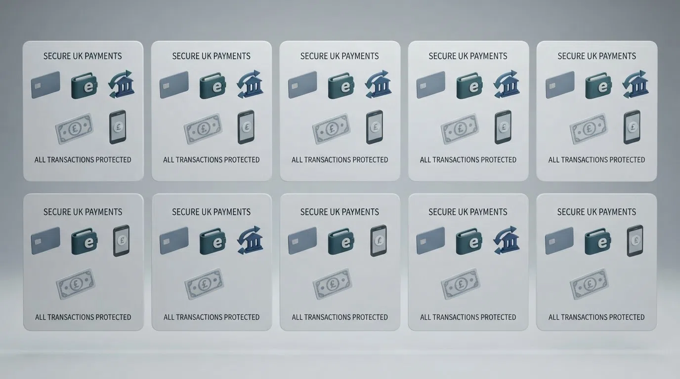 A side-by-side grid of the ten featured UK casino operators' cashier footers showing the payment-method logos each one accepts
