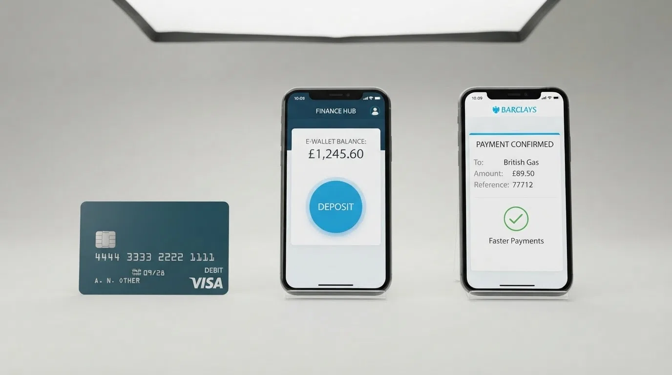 A side-by-side arrangement of a UK debit card, a PayPal app screen, and a mobile banking app showing an Open Banking payment confirmation